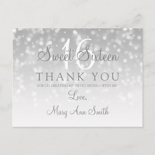 Danke Sweet 16 Silver Bokeh Sparkle Lights Postkarte (Vorderseite)