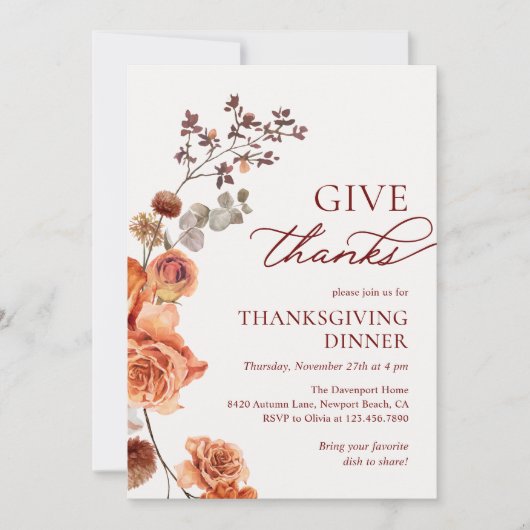 Danke Terracotta Floral Erntedank Dinner Einladung (Vorderseite)