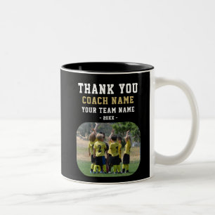Danke Trainer mit Teamname Foto Zweifarbige Tasse