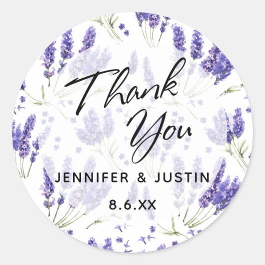 Danke Typografie, Watercolor Lavender Blume Runder Aufkleber (Vorderseite)