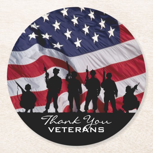 Danke Veterane - Soldat-Silhouette und Flagge Runder Pappuntersetzer (Vorderseite)