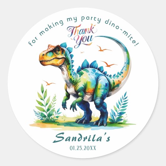 Danke Wasserfarbe-Dinosaurier  Runder Aufkleber (Vorderseite)