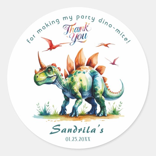 Danke Wasserfarben-Dinosaurier Runder Aufkleber (Vorderseite)