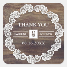 Danke. White Lace Barn Wood Wedding Quadratischer Aufkleber