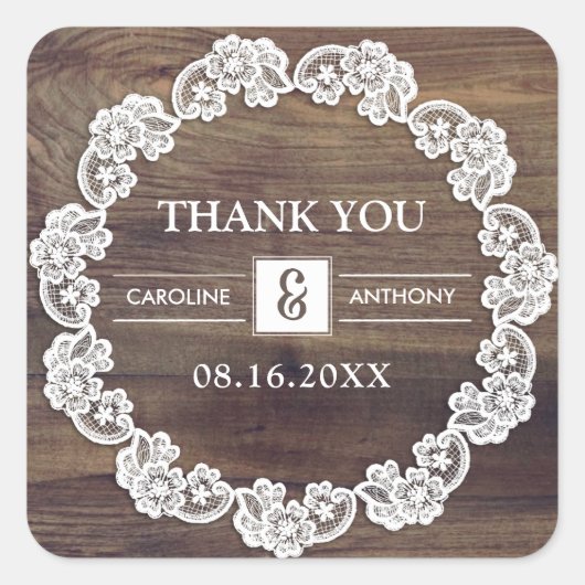 Danke. White Lace Barn Wood Wedding Quadratischer Aufkleber (Vorderseite)