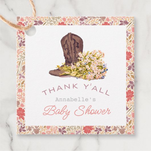 Danke Y'all Cowboy Boot & Bouquet Baby Dusche Geschenkanhänger (Vorderseite)