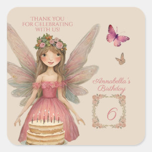 Danke zum Geburtstag für rosa Feen Mädchen Quadratischer Aufkleber
