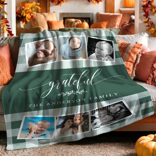 Dankelgrün kariertes Herbst-Familien-6-Foto-Collag Fleecedecke