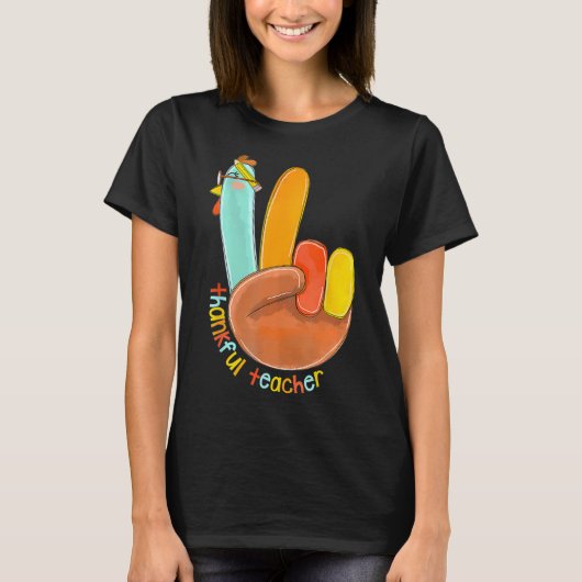 Dankenswerter Lehrer Funny Erntedank Peace Hand Si T-Shirt (Vorderseite)