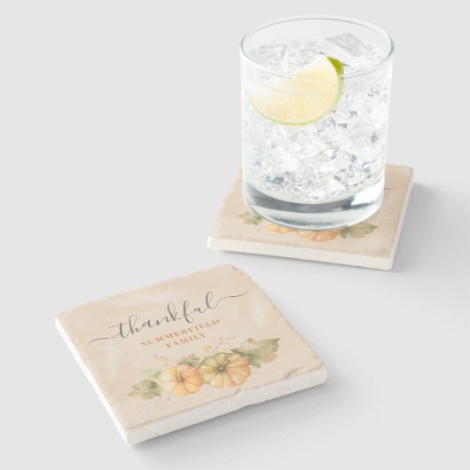 Dankenswertes Kürbisfamilienessen Erntedank Steinuntersetzer (Seitenansicht)