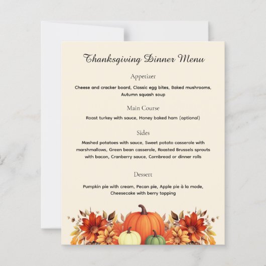 Dankesbotschaft Thanksgiving-Dinner-Menü (Vorderseite)