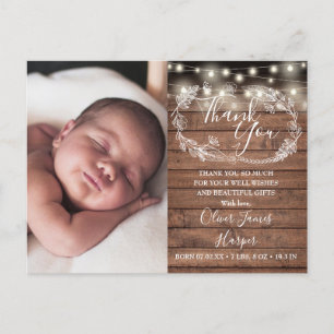 Dankeschön-Babyfoto-Rustikal-Lichterkette Geburt Ankündigungspostkarte
