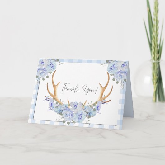 Dankeschön | Blue Gingham BOHO Floral Antlers Dankeskarte (Vorderseite)