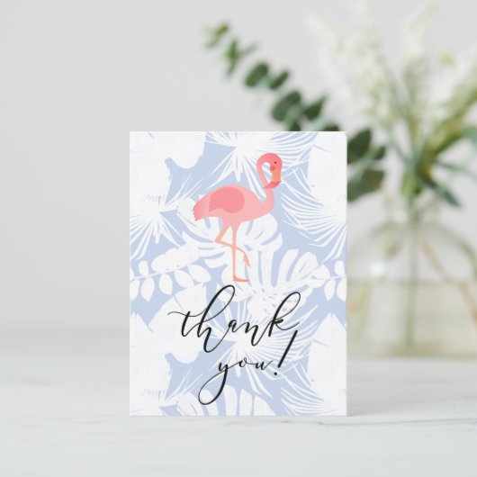 Dankeschön Drehbuch Flamingo tropischen Palmen Blä Postkarte (Stehend Vorderseite)