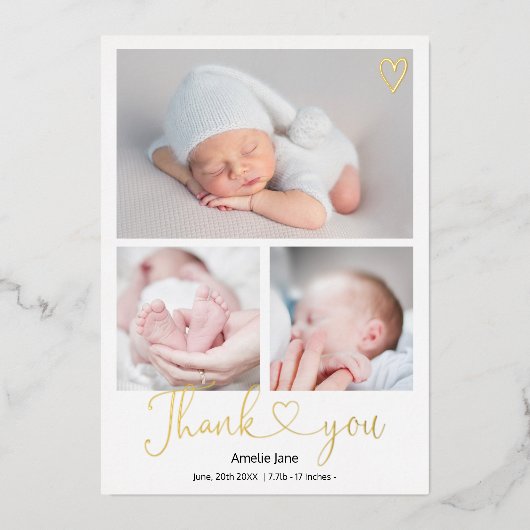 Dankeschön Drehbuchherz 4 Fotos Geburt Folieneinladung (Vorderseite)