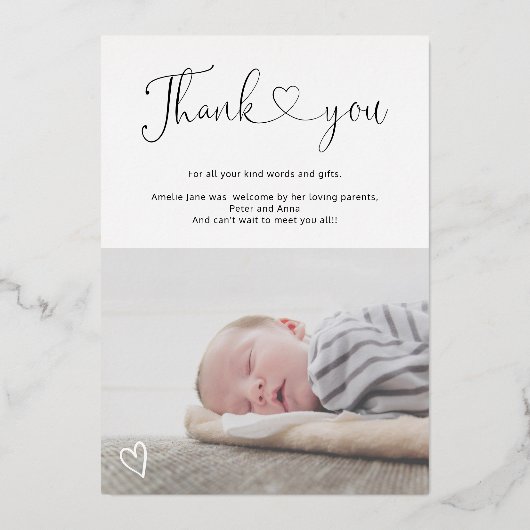 Dankeschön Drehbuchherz 4 Fotos Geburt Folieneinladung (Rückseite)