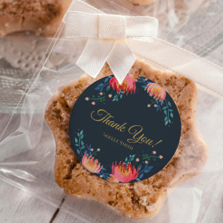 Dankeschön! Dunkelblau, elegant, Whimsikale Blume Runder Aufkleber