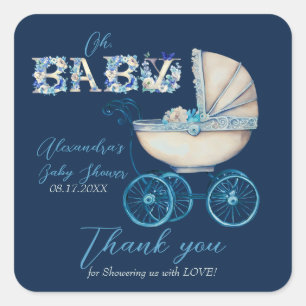 Dankeschön für Baby Shower für Jungen mit Kinderwa Quadratischer Aufkleber