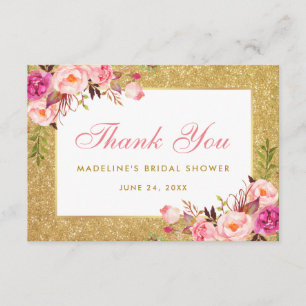 Dankeschön für Brautparty Rosa Blumen Gold Glitter Dankeskarte