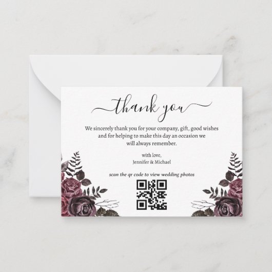 Dankeschön gotisch florale Hochzeit qr Code Mitteilungskarte (Vorderseite)