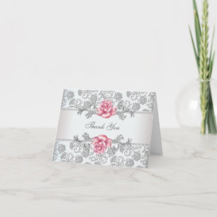 Dankeschön in Silber Damast Rosa Rose Dankeskarte