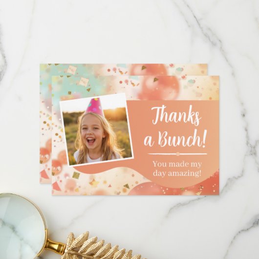 Dankeschön Kindergeburtstag Foto Pastell Konfetti Dankeskarte (Vorderseite/Rückseite Beispiel)