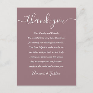 Dankeschön-Mauve-Hochzeitsplatzkarte Postkarte