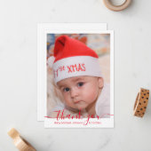 Dankeschön, Red Script Baby Boy Foto Mitteilungskarte (Vorderseite/Rückseite Beispiel)