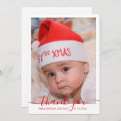 Dankeschön, Red Script Baby Boy Foto Mitteilungskarte (Vorne/Hinten)