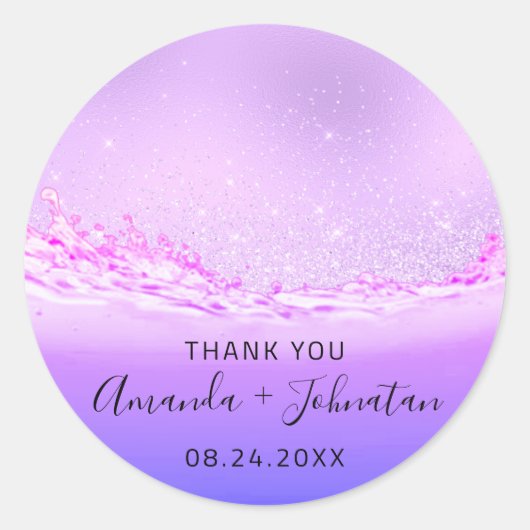Dankeschön Rose Datum Lila Wellen rosa Runder Aufkleber (Vorderseite)
