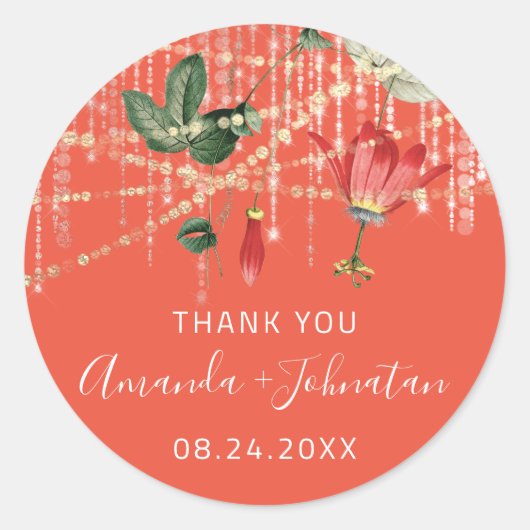 Dankeschön Rose Datum White Coral Golden String Iv Runder Aufkleber (Vorderseite)