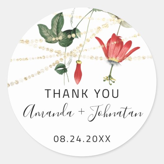 Dankeschön Rose Datum White Golden Lights Ivy Runder Aufkleber (Vorderseite)