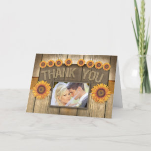 Dankeschön-Sonnenblumen- und Holz-Foto-Hochzeitska Dankeskarte