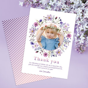 Dankeskarte mit lila Wildblumen-Mädchen-Foto