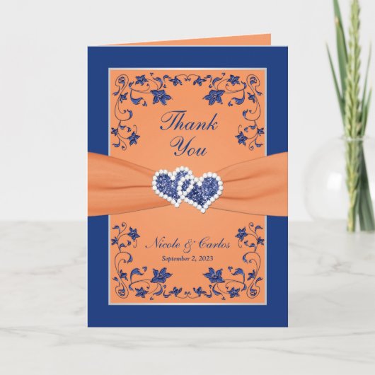 Dankeskarte | Royal Blue Orange, Floral, Herz (Vorderseite)
