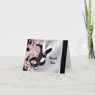 Dankeskarten für rosa-schwarze Maskenballparty Dankeskarte