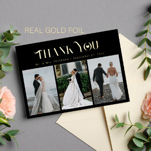 Dankeskarten-Hochzeit 3 Foto elegante Goldfolienka Folieneinladung