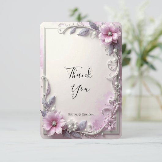 Dankeskarten mit rosa Blumenrahmen Dankeskarte (Stehend Vorderseite)