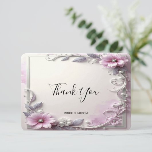Dankeskarten mit rosa Blumenrahmen Dankeskarte (Stehend Vorderseite)