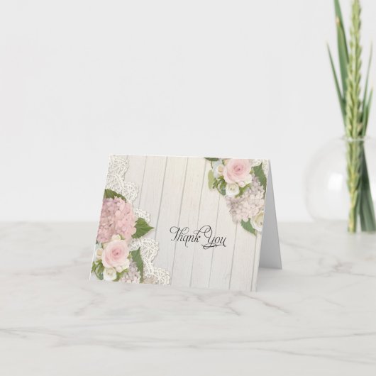 Dankeskarten Rosa Hortensien Florale Spitze Holz Dankeskarte (Vorderseite)