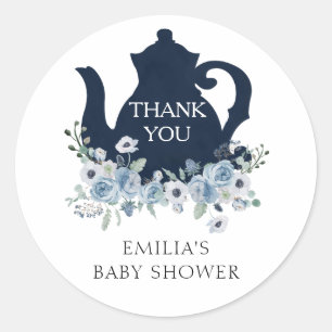 Danksagung Blaue Babyparty 'Time for Tea' Runder Aufkleber