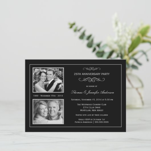 Dann & Jetzt 25. Silver Jubiläum mit 2 Fotos Einladung (Stehend Vorderseite)