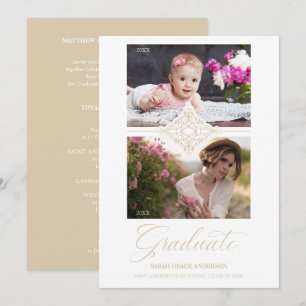 Dann & Jetzt Chic Gold 2 Fotos Ornament Abschluss Einladung