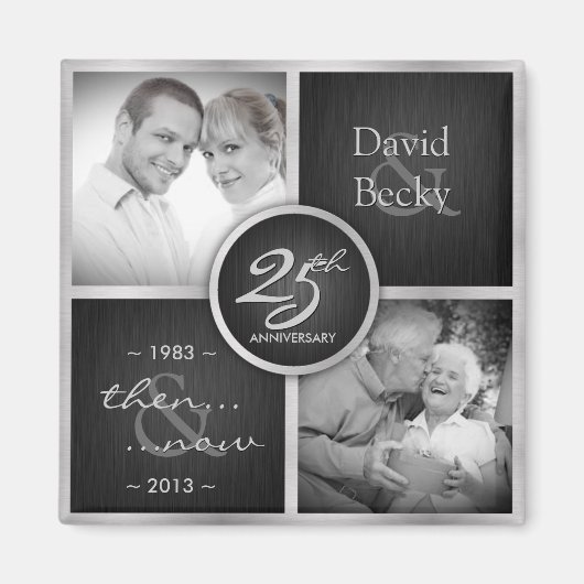 Dann & Jetzt elegant Schwarz und Silber 25. Hochze Magnet (Vorne)