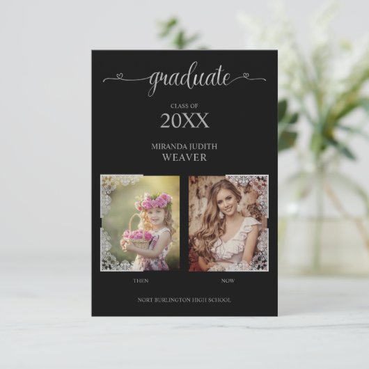 Dann & Jetzt Foto Graduate Einladung auf Black (Stehend Vorderseite)