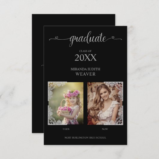 Dann & Jetzt Foto Graduate Einladung auf Black (Vorne/Hinten)