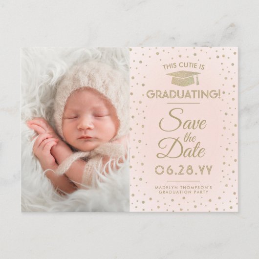 Dann & Jetzt Fotos Abschluss Save the Date rosa Ankündigungspostkarte (Vorderseite)