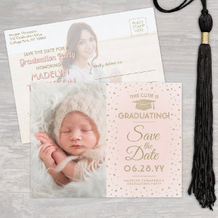 Dann & Jetzt Fotos Abschluss Save the Date rosa Ankündigungspostkarte