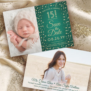 Dann & Jetzt Fotos Quinceañera Green & Gold Glitze Save The Date