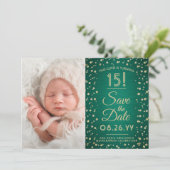 Dann & Jetzt Fotos Quinceañera Green & Gold Glitze Save The Date (Stehend Vorderseite)